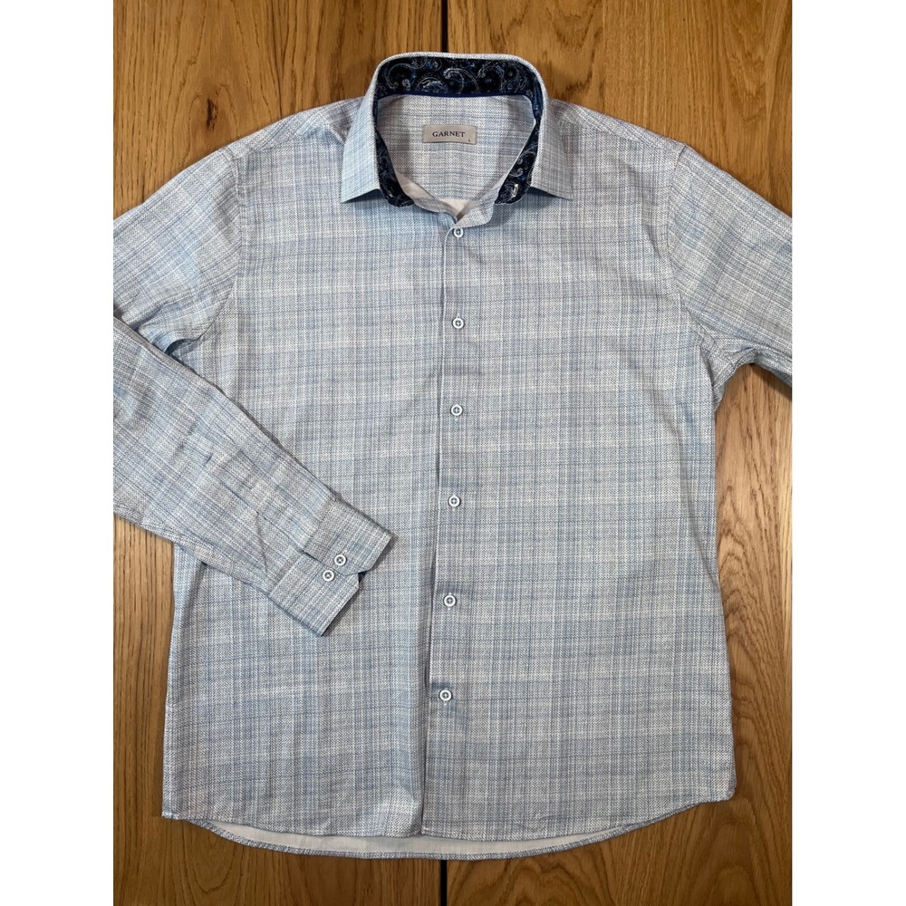 GARNET Dress Shirt Mens Large Blue Micro Grid Weave Luxury Long Sleeve